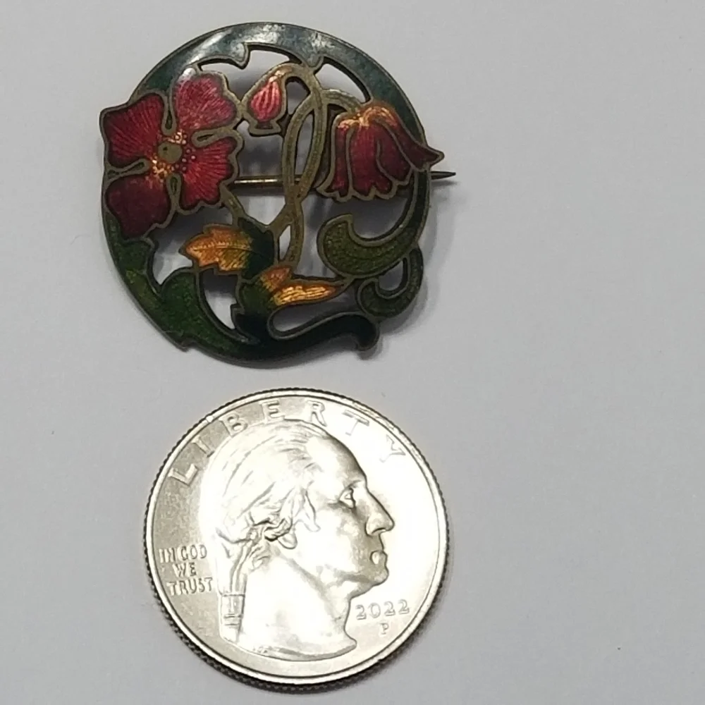 Antique brooch pin poppy flowers floral gold tone Victorian Edwardian red